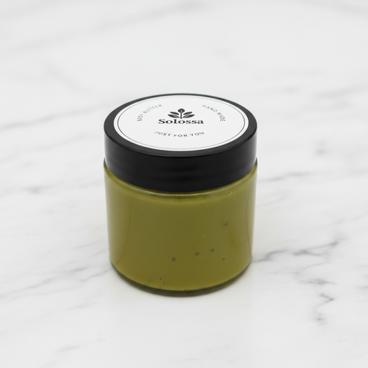 SoLossa Saffron Body Butter Jar - White Marble Background